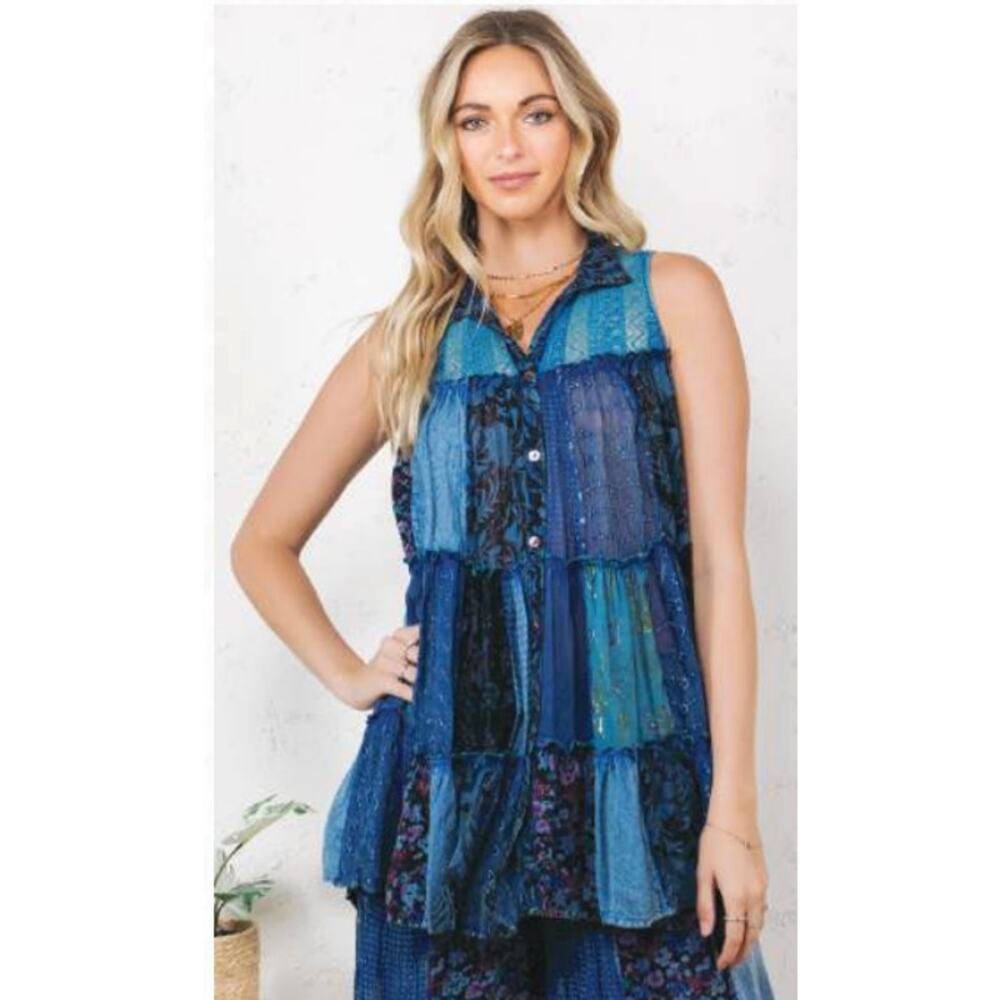 Boho Western Festival Floral Patchwork Tank Top NEW Sleeveless Indigo Blue Large - Picture 5 of 8